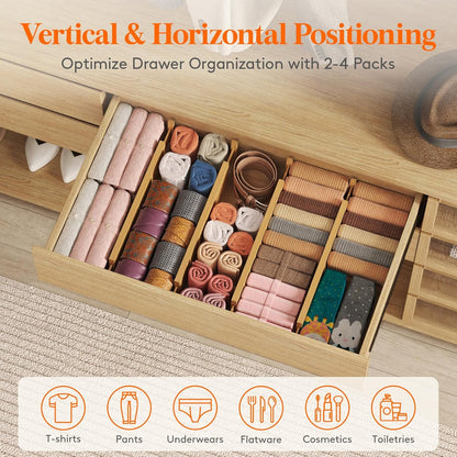 Lifewit 8 Pack Drawer Dividers Bamboo 4" High, 16-22" Adjustable Drawer Organizers for Clothes, Expandable Dresser Separators in Bedroom/Bathroom/Kitchen/Fridge/Office Organization and Storage