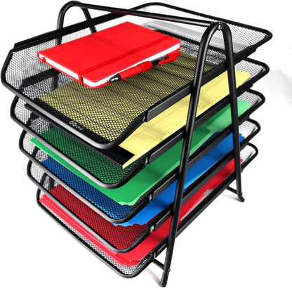 Huron Desktop Horizontal File Binder Organizer Storage Letter Tray, 5 Slot, Black Steel Mesh
