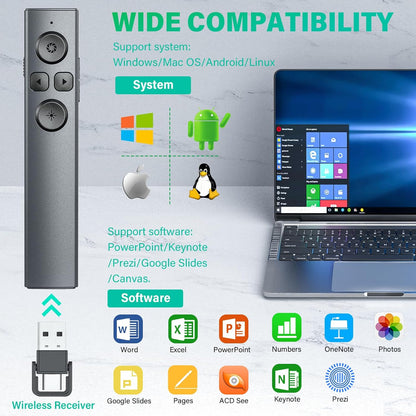 2 in 1 USB Type C Presentation Clicker with Green Light Pointer, Rechargeable Presentation Clicker Wireless Presenter Remote Clicker, 2.4GHz Clicker for Powerpoint Presentations, Google Slide Advancer
