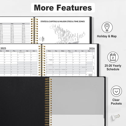 SUNEE 2025-2026 Appointment Book, Quarter-Hourly, Weekly & Monthly - from July 2025 to June 2026, 8.5"x11" Academic Planner, Flexible Cover, Note Pages, Bookmark, Spiral Binding, Black