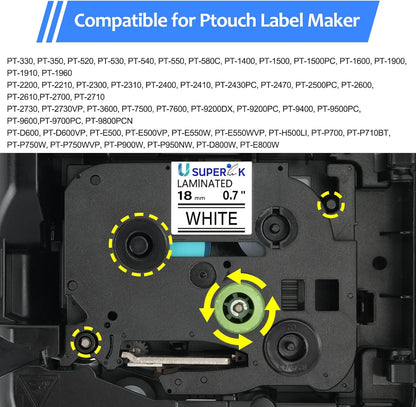 6PK 18mm 0.7'' Laminated White Tape Compatible for Brother P-Touch Label Maker Tape TZe-241 TZe TZ Label Tape TZ-241 TZe241 TZ241 Black on White for PT-D400 D410 D600 D610BT D460BT