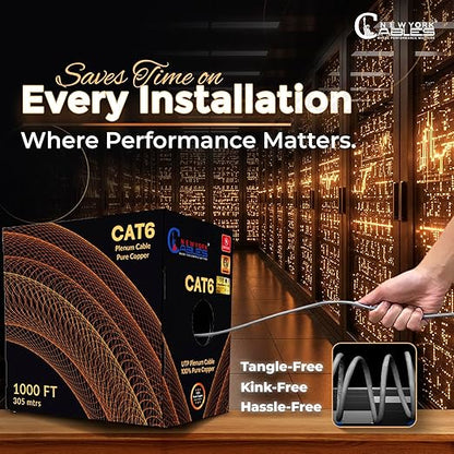 NewYork Cables | CAT6 Plenum Cable 1000ft UL/ETL Listed, 100% Pure Copper, UTP, 550MHz, 23AWG, 4Pair 10GB Ethernet Cable | Certified CMP-Rated Fire-Resistant (1000ft, Pure Copper UL Listed, Grey)