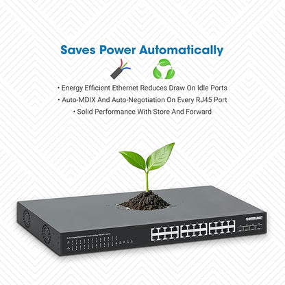 Intellinet 24-Port Unmanaged PoE+ Gigabit Ethernet Switch - 370W Power Budget, 4 x 10 Gbps SFP+ Ports, Rackmount / Desktop, Autosensing Ports, Sturdy Metal - 3 Yr Mf Warranty - 561761