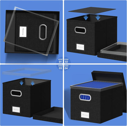 File Organizer Box File Boxes for Hanging Files with Lid Set of 3 Decorative Hanging Folders Letter Size Organizer with One-Piece Plastic Frame Slides (13.2 * 10.1 * 10.1in(3Pack), Black)