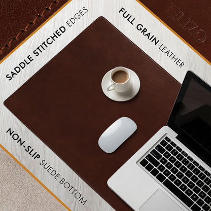 Elizo Leather Desk Mat Desk Pad Blotter Set - Real Full-Grain Leather (32x16) 2-Layer Genuine Desk Cover Protector & Large Mouse Pad | Computer Keyboard Desk Accessories for Office & Home