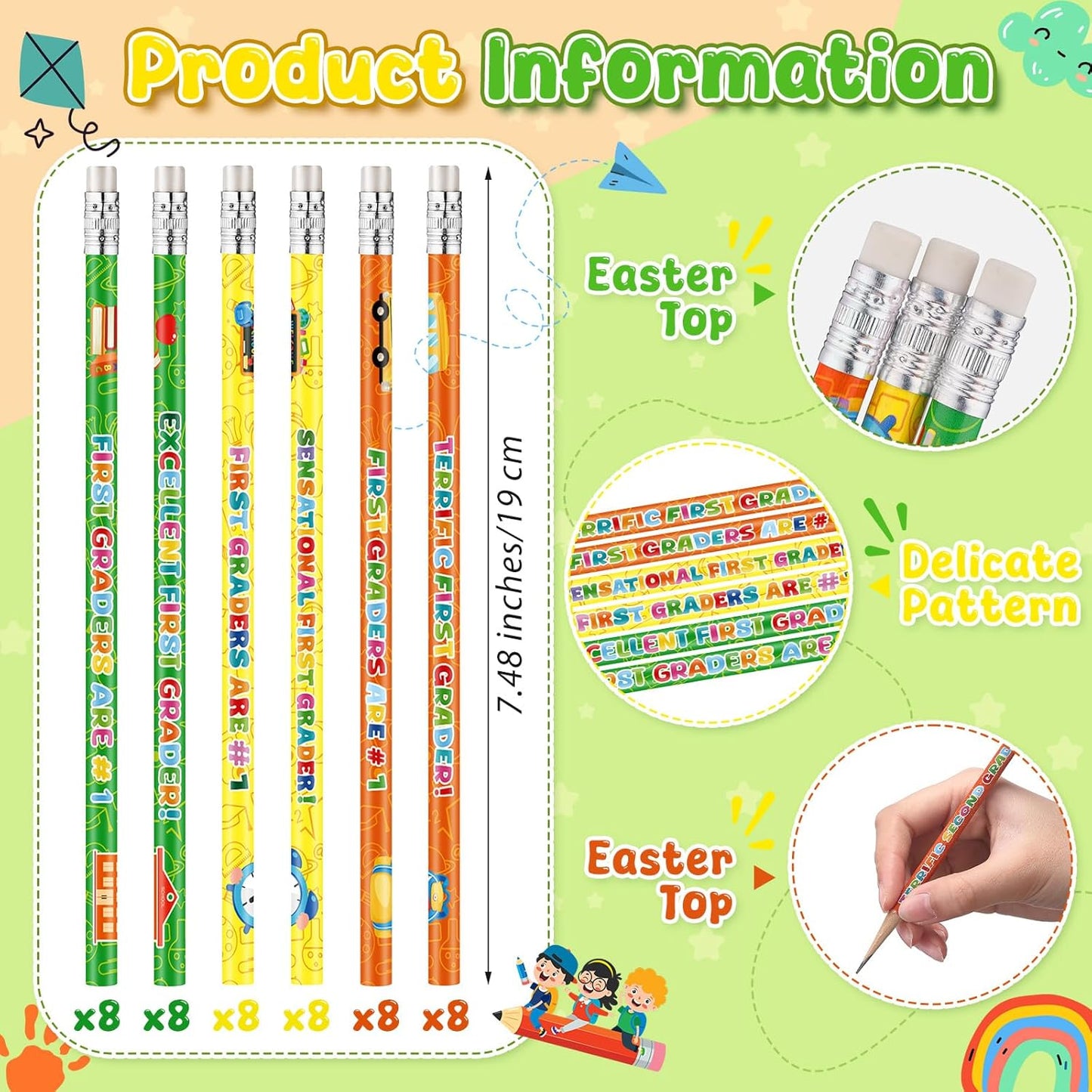 Tenceur 48 Pcs 1st Graders Pencils, 1 Motivational Cute Pencils Bulk with Erasers for Kids Student Teacher Classroom Reward Back to School Supplies