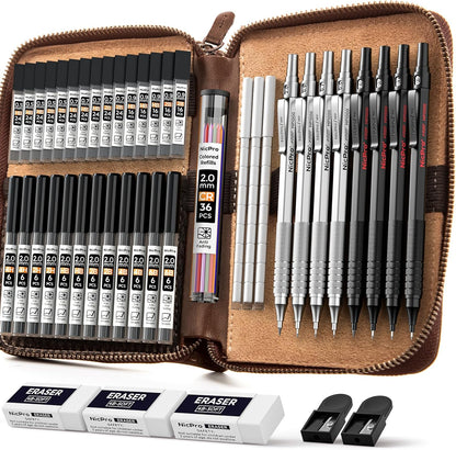 Nicpro 45PCS Black & Silver Metal Mechanical Pencil Set in Leather Case, Art Drafting Pencil 0.5, 0.7, 0.9 mm, 2mm Lead Holders for Sketching Drawing With 27 Tube (6B 4B 2B HB 2H 4H Colors)Lead Refill
