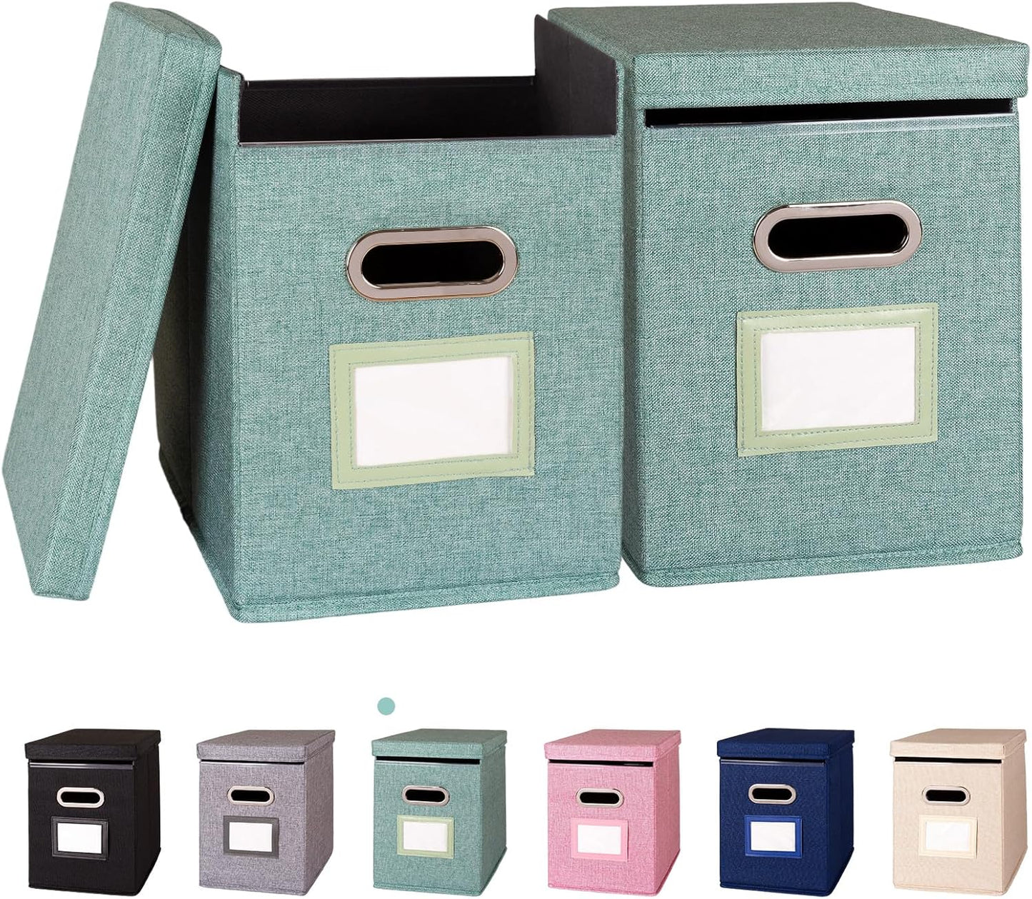 2 Pack Hanging File Folders Organizer with Lid, Letter Size Fabric File Storage Box Collapsible, Portable Office Document Holder with Metal Handle, Smooth PVC Rails, Green