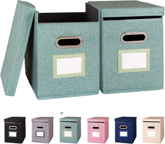 2 Pack Hanging File Folders Organizer with Lid, Letter Size Fabric File Storage Box Collapsible, Portable Office Document Holder with Metal Handle, Smooth PVC Rails, Green