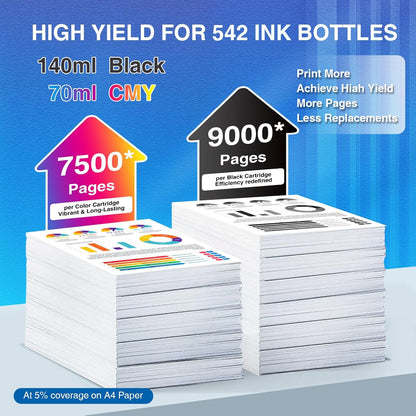 Compatible for 542 Ink Refill Bottles ET-5850 ET-5800 ET-16600 Replacement for 542 Ink Refill Bottles Work for ET-5800 ET-5850 ET-5880 ET-16600 ET-16650 ET-5150 ET-5170 ET-5180 (140ml BK, 70ml CMY)