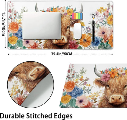 Aesthetic Highland Cow Gaming Mouse Pad XXL Cow Print Blue Orange Floral Extended Large Mat Mousepad Desk Pad Non-Slip Rubber Base Stitched Edge Flower Keyboard Pad Playmat for Computer,35.4×15.7 in