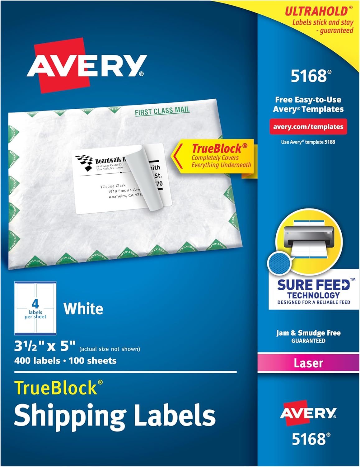 Avery Shipping Address Labels, Laser Printers, 2,000 Labels, 3-1/2 x 5, Permanent Adhesive, TrueBlock (5-Pack 5168)