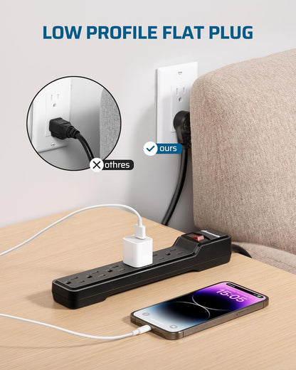 DEWENWILS 15 Foot Long Power Strip, 6-Outlet Power Strip 15FT, 15 Amp Circuit Breaker, Low Profile Flat Plug, Surge Protector for Office, Living Room, Bedroom, 4 Pack, Wall Mount, Black