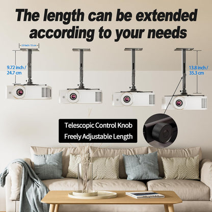 Projector Mount Wall with Multi-Hole Design, Adjustable Universal Projector Ceiling Mount for Home Theater, Office, Classroom, Heavy Duty Aluminum Projector Stand, Load 55 lbs - Black