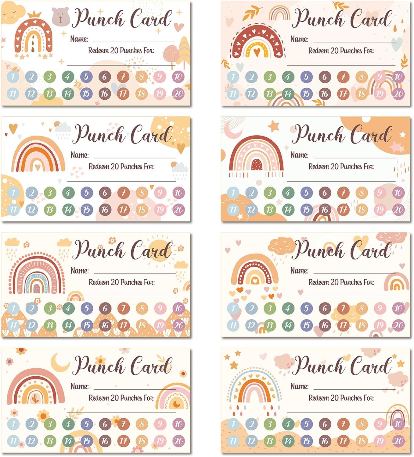 Fumete 400 Pcs Punch Cards for Classroom Reward Cards Behavior Incentive Loyalty Awards for Kids Students Teachers School Business, 8 Styles, 3.5 x 2 in(20 Boho Punches Style)