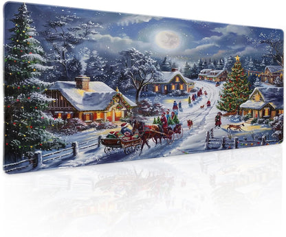 Christmas Gaming Mouse Pad XL Xmas Tree Deer Snowflake Extended Winter Holiday Large Mat Mousepad Desk Pad Non-Slip Rubber Base Stitched Edge Long Keyboard Pad for Computer,31.5×11.8 Inch