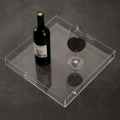 Clear Sturdy Acrylic Serving Tray with Handles - 14x14Inch - Coffee, Appetizer, Breakfast, Butler Tray - Kitchen Countertop & Makeup Drawer Organizer
