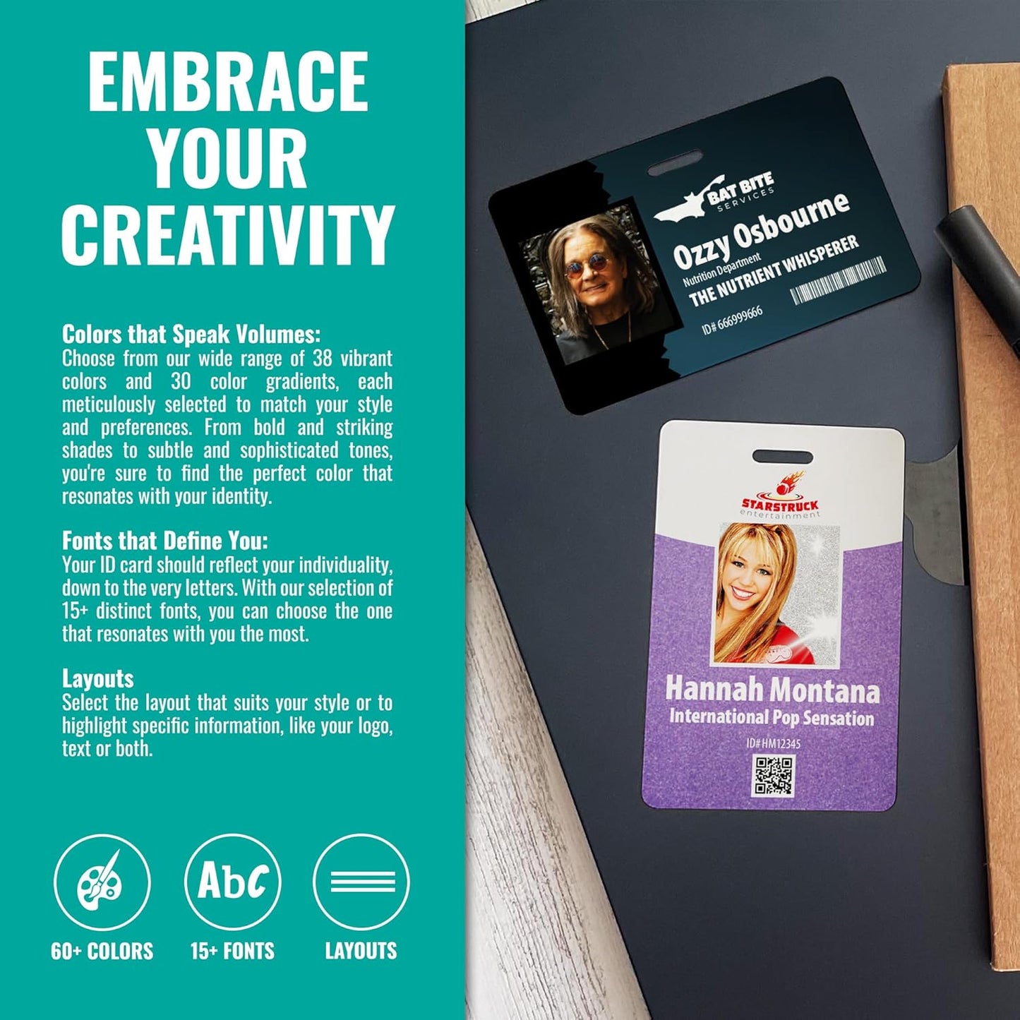 Custom Print Employee ID Badge, Double Sided with Name, Photo, Logo, and Barcode – Unique Photo ID Card Solution (ID Horizontal)