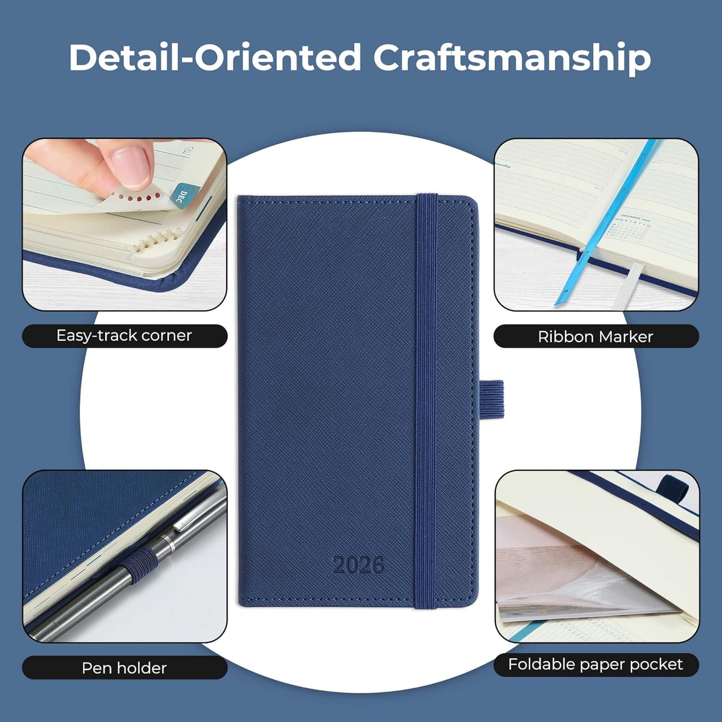 Weekly Monthly 2026 Planner (Jan.26-Dec.26),6.5"x3.75",12 Months Agenda Plan with Month Tabs & Pocket,Expenses/Note Pages, Appointment Book Calendar with Hardcover Vegan Leather Cover,Blue