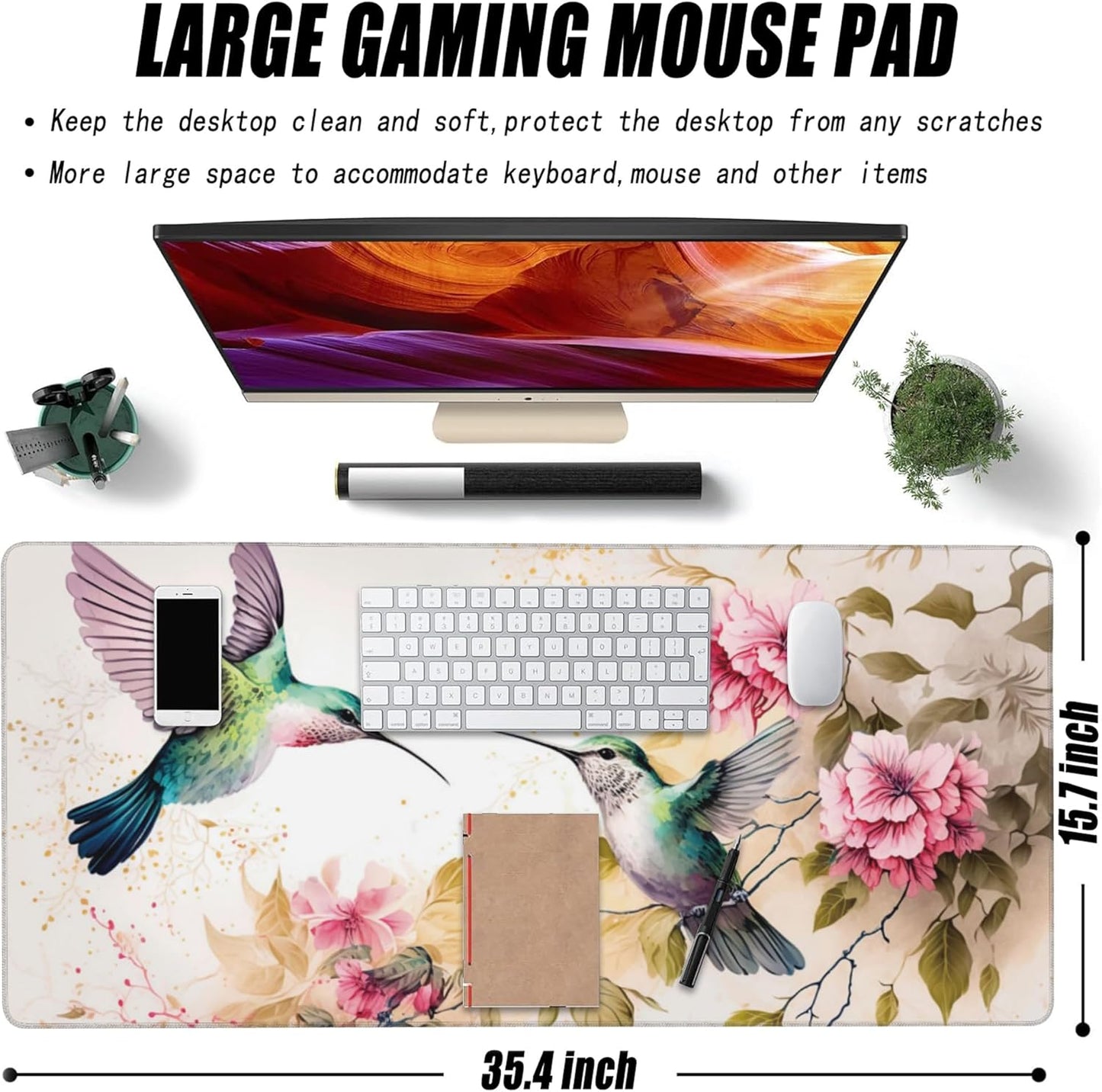 Desk Mat, Pink Flowers and Colibri Birds Extended Large Gaming Mouse Pad for Desk XXL, Non-Slip Rubber Base Stitched Edges Long Computer Keyboard Desk Pad Mouse Mat for Home Office Gaming 35.4"X15.7"