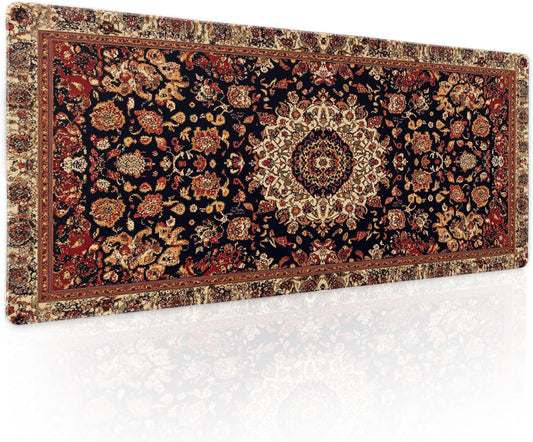 Vintage Rug Gaming Mouse Pad XL Dark Brown Retro Carpet Aesthetic Extended Large Mat Mousepad Desk Pad Non-Slip Rubber Base Stitched Edge Flower Keyboard Pad Playmat for Computer,31.5×11.8 Inch
