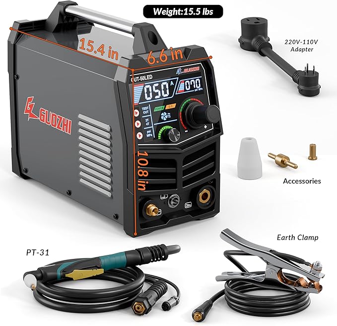 GZ GUOZHI Plasma Cutter, 50Amp 110/220V Dual Voltage IGBT Inverter Plasma Cutting Machine, [Pilot Arc][Large LED Display][Air Sensor] 1/4" Clean Cut 3/4" Max Cut, 2T/4T for Beginners DIY