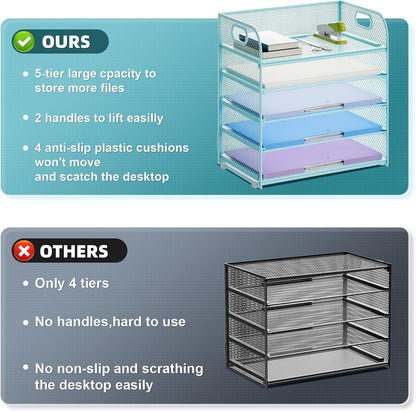 Marbrasse Paper Organizer Letter Tray, 5 Tier Mesh File Organizer with Handle, Paper Sorter Desk Organizer for Home Office Supplies - Blue