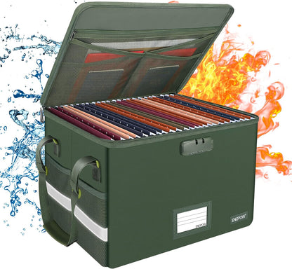 ENGPOW File Box with Lock, Fireproof Document Box with Zipper Lid, Collapsible File Storage Organizer Filing Cabinet with Handle, Portable Home Office Safe for Hanging Letter/Legal Folders, Green
