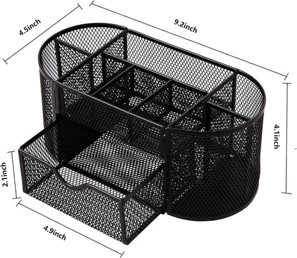 Comix Mesh Pen Pencil Holder Desk Organizer, 8 Compartment and 1 Drawer Wire Desktop Pen Pencil Cup Caddy Office Supplies Accessories for Home Office School, Black