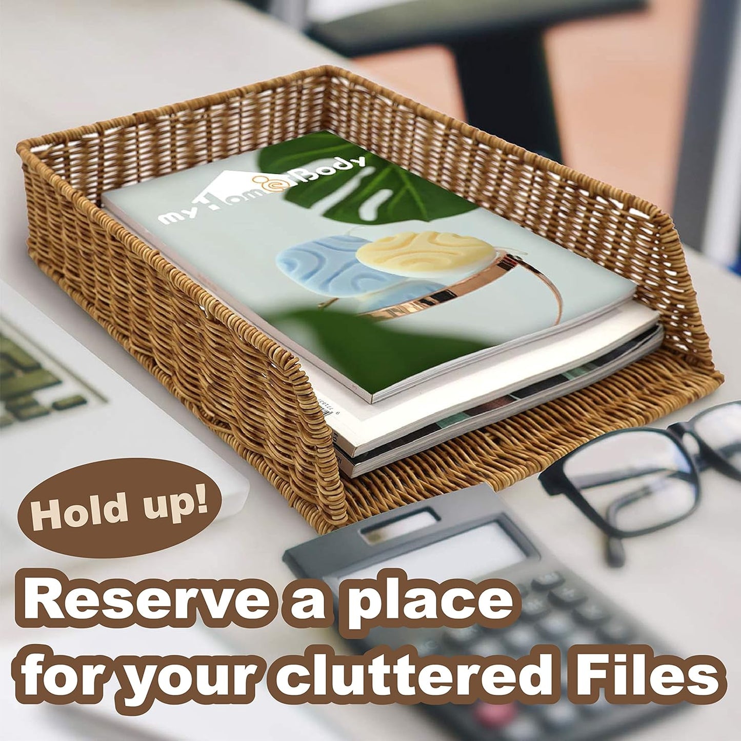 myHomeBody Wicker Paper Organizer, Letter Tray, Paper Organizer for Desk, Resin Wicker 1 pc, Tan