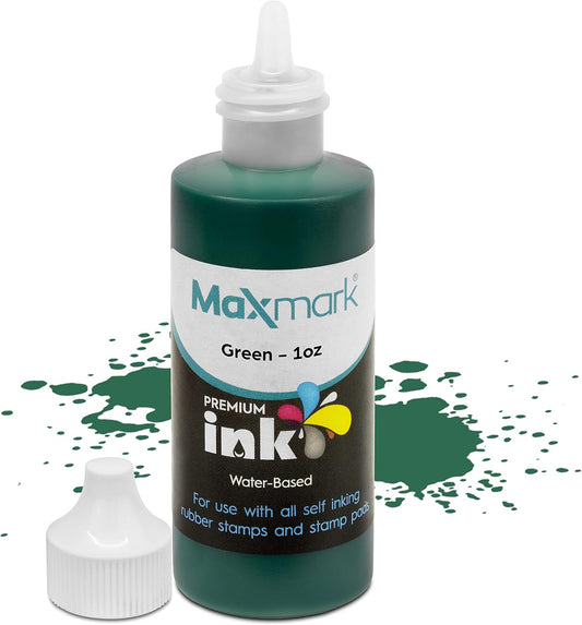 MaxMark Premium Refill Ink for self Inking Stamps and Stamp Pads, Green Color - 1 oz.