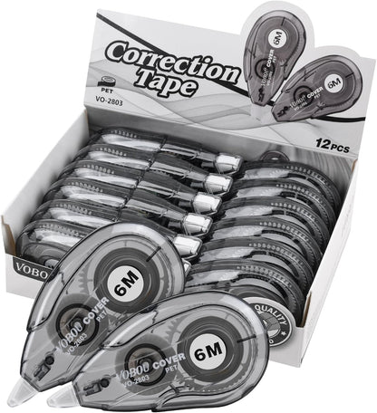 White Correction Tape Dispenser, Easy To Use Applicator for Instant Corrections, For school, Office (Black, 12pack, 6M/256, Tape Width 0.2in)