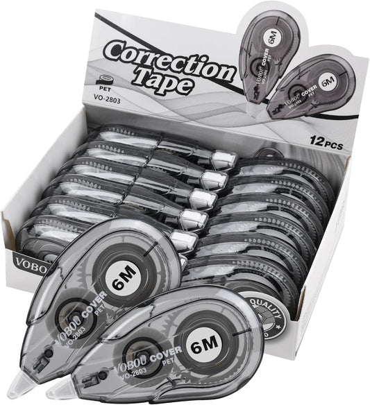 White Correction Tape Dispenser, Easy To Use Applicator for Instant Corrections, For school, Office (Black, 12pack, 6M/256, Tape Width 0.2in)