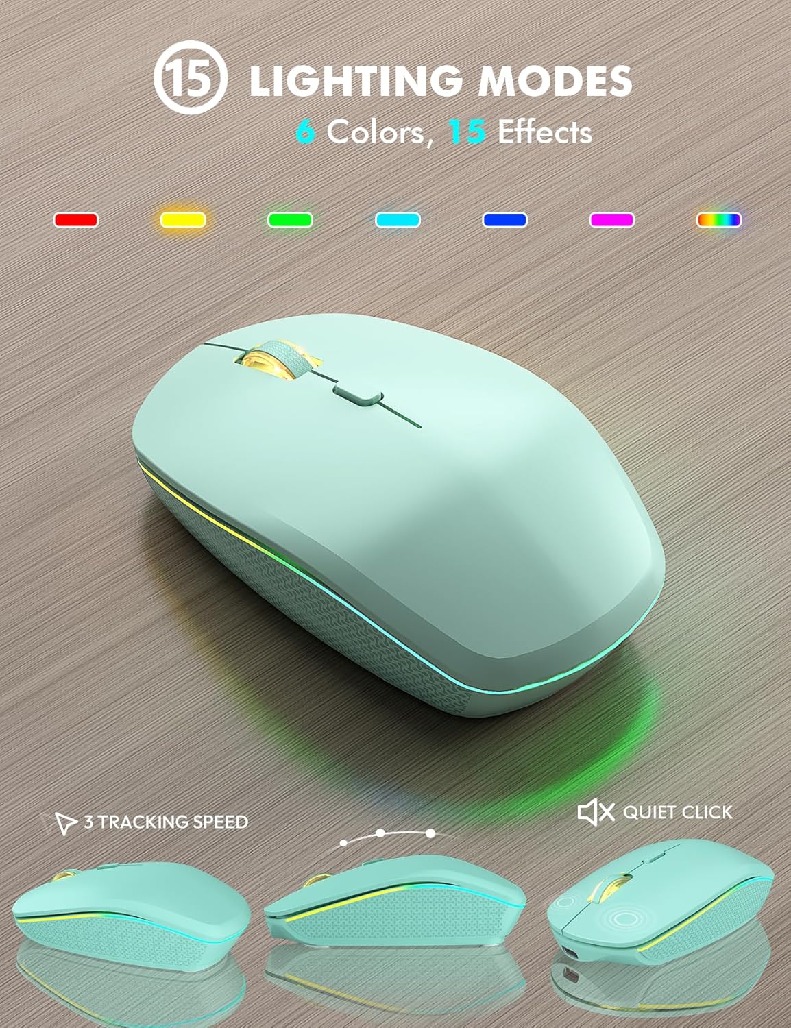 Wireless Keyboard and Mouse Combo - RGB Backlit, Rechargeable & Light Up Letters, Full-Size, Ergonomic Tilt Angle, Sleep Mode, 2.4GHz Quiet Keyboard Mouse for Mac, Windows, Laptop, PC, Mint Green
