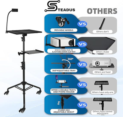 Projector Stand Tripod – 24 to 59 Inch Adjustable Height – Dual Shelves Laptop Tripod Stand with Moveable Wheels and Phone Holder, Portable Laptop Stand for Office, Stage & Outdoor Use