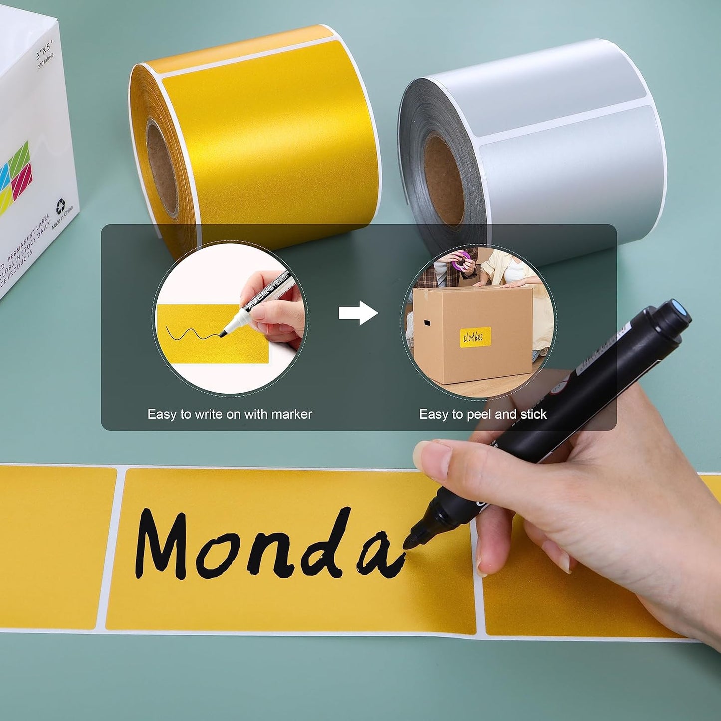 PARLAIM 3 X 5 Inch Rectangle Adhesive Color Coding Stickers,Square Colorful Inventory Stickers -250 Per Dispenser Box(Gold)