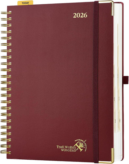 POPRUN 2026 Daily Planner One Page A Day - [A4 Large Size 8.25" x 12" -Spiral Hard Cover], Agenda 2026 Hourly Appointment Book with Monthly Calendar, Pen Holder, Ivory Paper -Burgundy