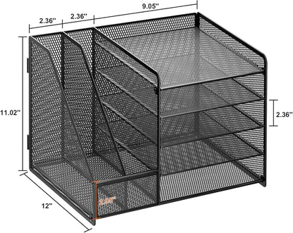 Marbrasse Desk Organizer with File Holder, 5-Tier Paper Letter Tray Organizer, Mesh Desk Organizers and Accessories with Magazine Holder, Desktop Storage for Office Supplies (Black)