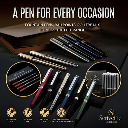 Scriveiner Midnight Blue Fountain Pen - Stunning Luxury Pen with Chrome Appointments, Schmidt Nib (Fine), Best Pen Gift Set for Men & Women, Professional, Executive, Office, Nice Pens