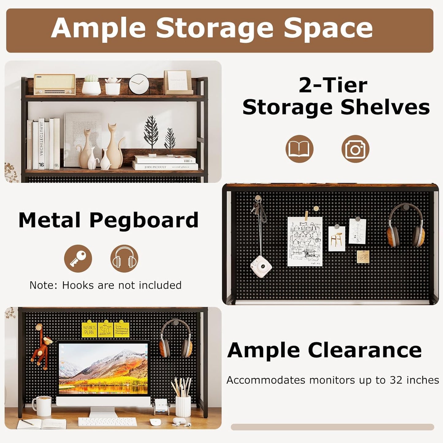 GOFLAME Desktop Bookshelf with Pegboard, 37 Inch Industrial Desk Hutch for Computer Monitor, 2-Tier Countertop Organizer Shelf with Safety Guardrails for Home Office, Dorm, Study, Rustic Brown