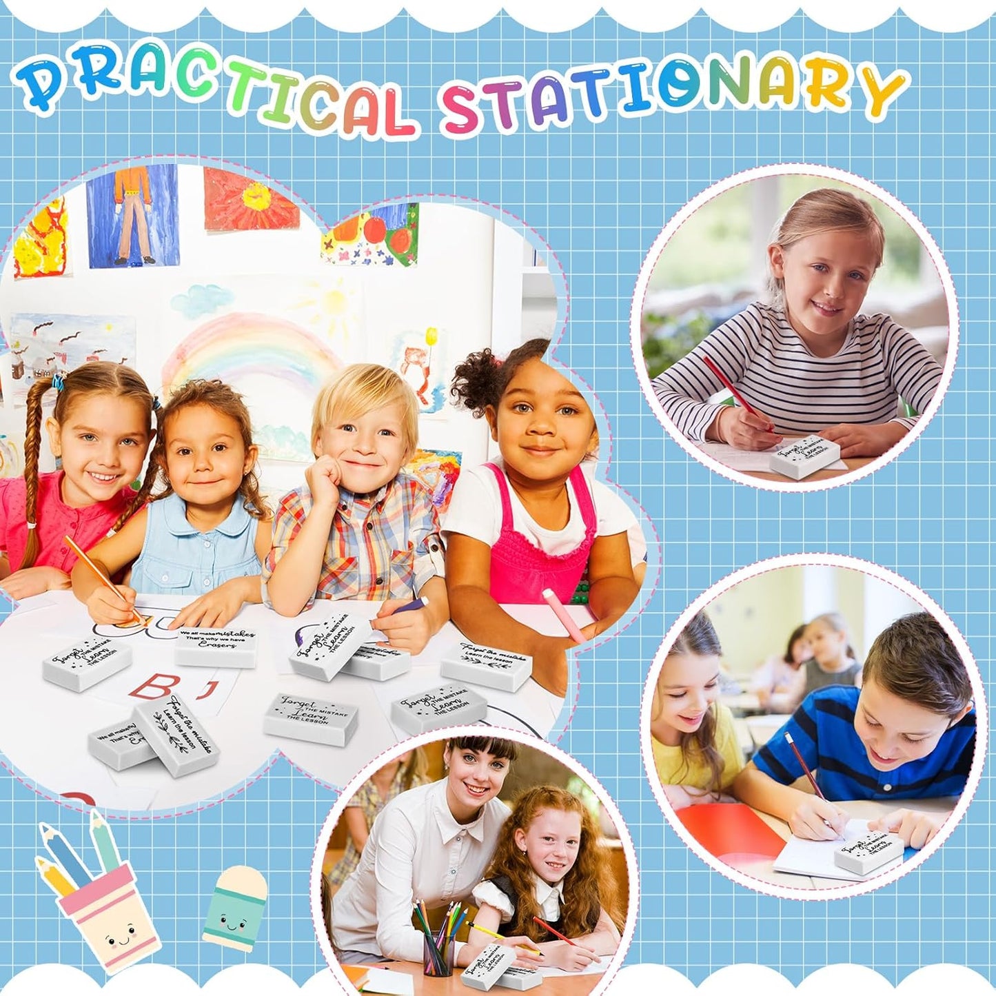 Nezyo 100 Pcs Inspirational Erasers Bulk for Kids Back to School Gifts Fun Erasers Motivational Reward Supplies for Classrooms Students Teachers Office Supplies(White)