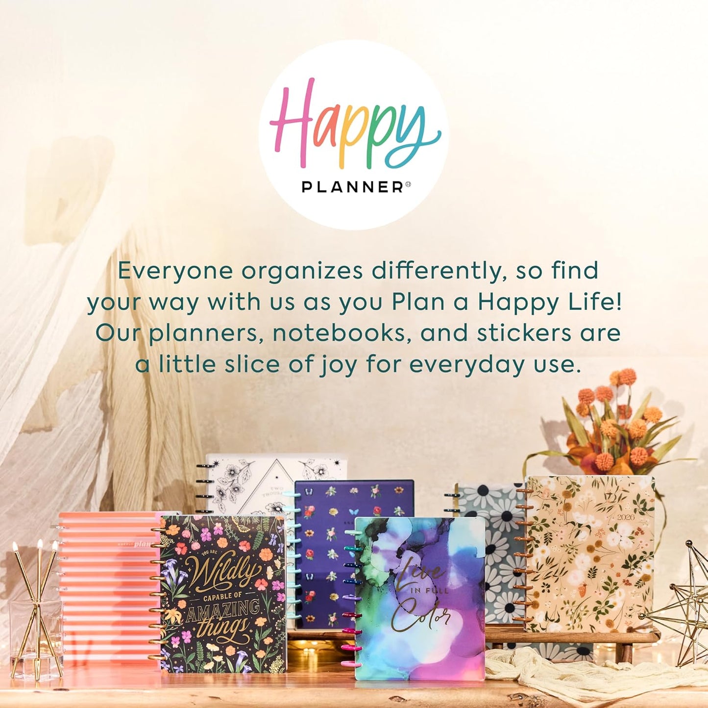Happy Planner Disc-Bound Planner Jan.–Dec. 2026, Includes 3 Extra Months and 2 Sticker Sheets, Classic Size, 7" x 9.25", Dashboard Layout, Modern Texture