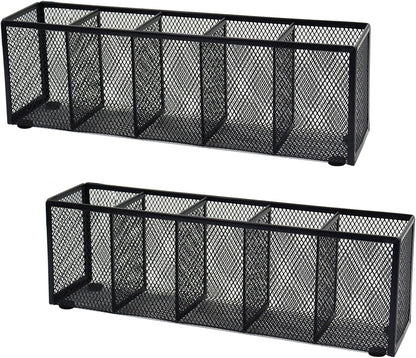 2PCS Black Mesh Pen Pencil Holder, Small Metal Desk Organizer Desktop Stationery Office Supplies Acessories Storage Stand, 5 Compartments Brushes Holder for Home School Classroom Teachers