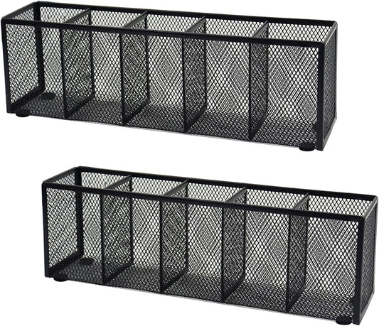 2PCS Black Mesh Pen Pencil Holder, Small Metal Desk Organizer Desktop Stationery Office Supplies Acessories Storage Stand, 5 Compartments Brushes Holder for Home School Classroom Teachers