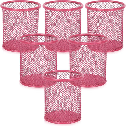 Segarty Pen Cup, 6 Pack Cute Dark Pink Pen Holder, Round Mesh Pencil Holder for Desk, Desktop Accessories Organizer for Office Supply, School, Home Storage, Makeup Brush Organization