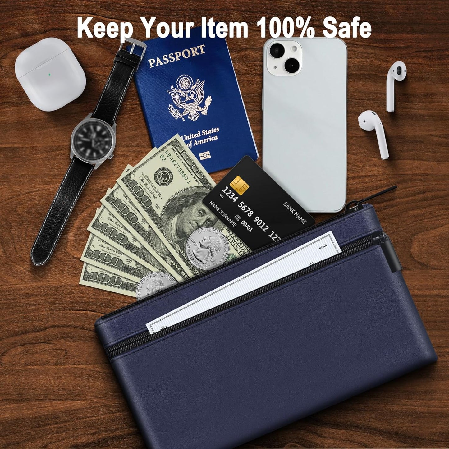 HAUTOCO 4 Pack Money Bag with Zipper 11x6.1 inch Money Pouch with Lined PU Leather Bank Bag Two Pockets Utility Wallet for Cash Check Receipt Coins Cosmetics, Multicolor