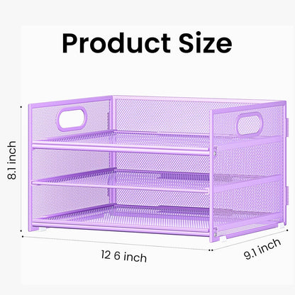 Subekyu 2-Pack 3-Tier Purple Metal Mesh Desk Paper Letter Tray & File Sorter Organizer with Handle + 1 Sliding Tray for Desk, Home, Office, School Supplies, A4 Paper and Accessories Storage