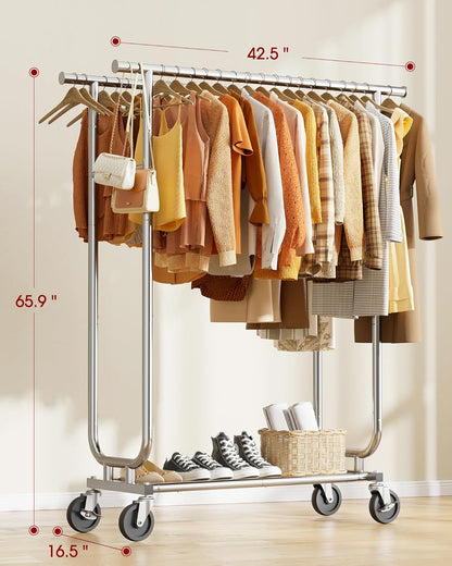Heavy-Duty Clothes Rack - Double-Rod Stainless Steel Garment Rack with 4-inch Lockable Wheels, Clothing Racks for Hanging Clothes in Bedroom, Laundry Room, 43.3"×16.5"×61.0", Silver
