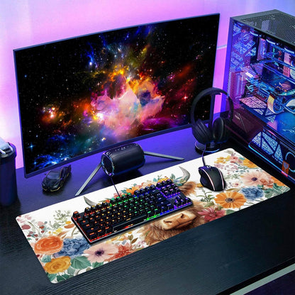 Aesthetic Highland Cow Gaming Mouse Pad XL Cow Print Blue Orange Floral Extended Large Mat Mousepad Desk Pad Non-Slip Rubber Base Stitched Edge Flower Keyboard Pad Playmat for Computer,31.5×11.8 in