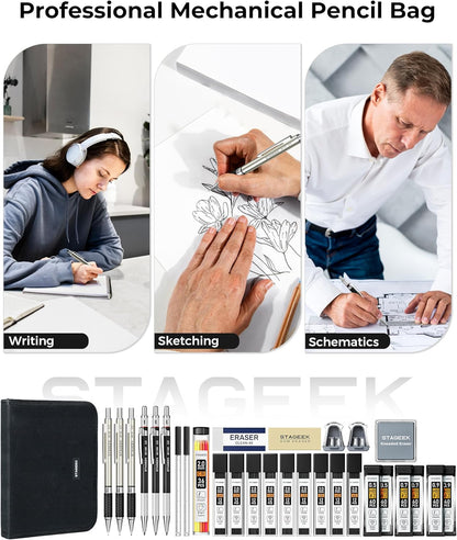 30PCS Mechanical Pencil Set with Canvas Bag, Drawing Pencils 0.5, 0.7, 0.9MM & 3PCS 2MM Sketching Pencil with 464PCS Leads (6B 4B 2B HB 2H 4H Color) for Artist Drafting Drawing Writing